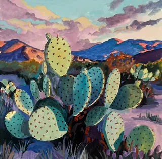 Illustration of prickly pear cactus with mountains and colorful sky
