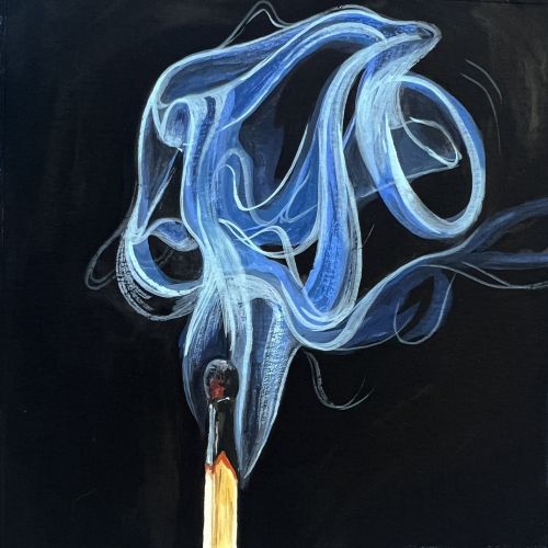 Blue abstract smoke swirling above a burning matchstick on dark background
