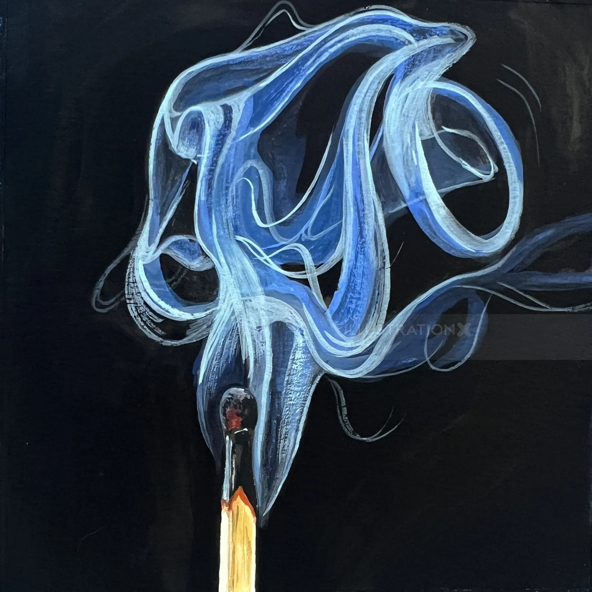 Blue abstract smoke swirling above a burning matchstick on dark background