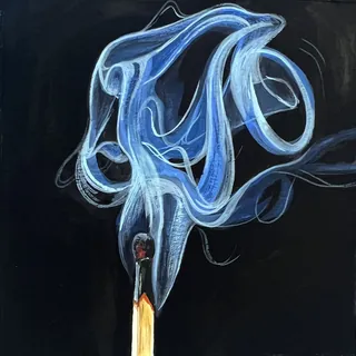 Blue abstract smoke swirling above a burning matchstick on dark background