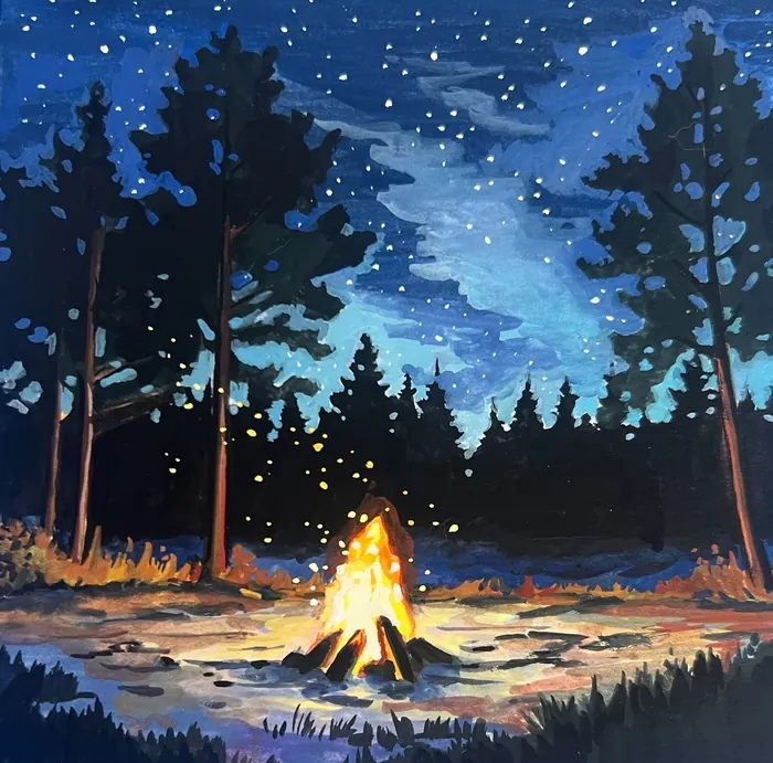 Bright campfire surrounded by trees under a star-filled night sky