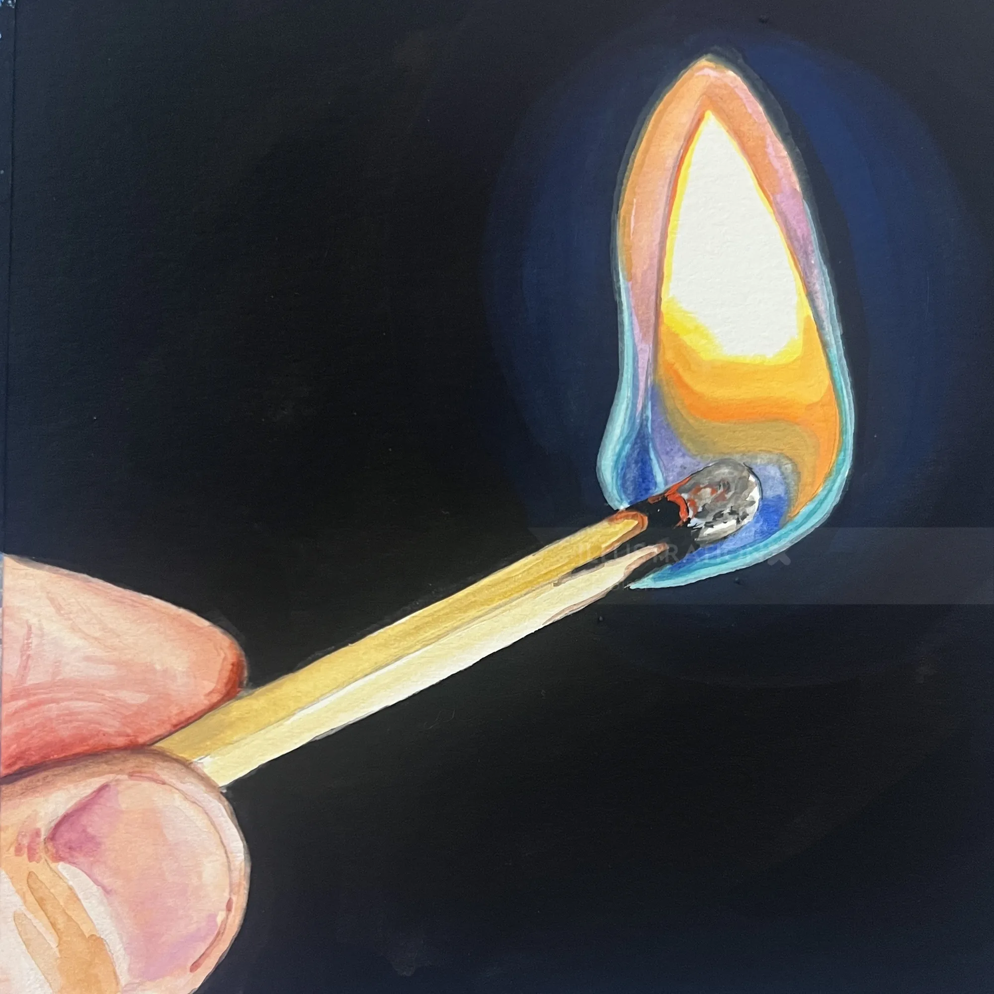 Hand holding a lit matchstick with bright flame against dark background