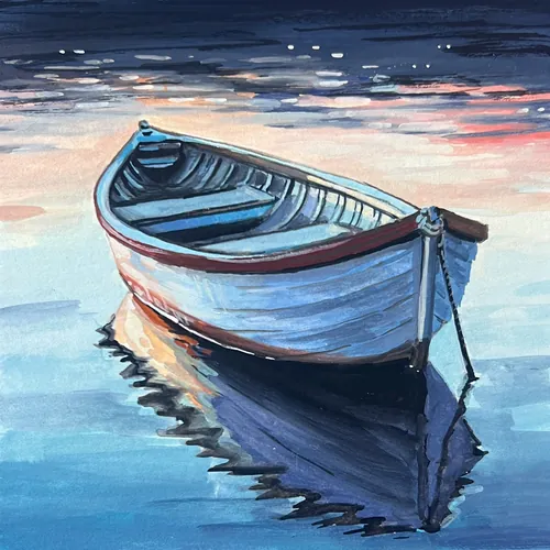 Bote de remos de madera flotando en aguas tranquilas con reflejos del atardecer