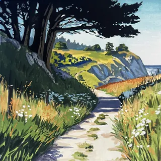 Coastal trail surrounded by grass, wildflowers, trees, and cliffs