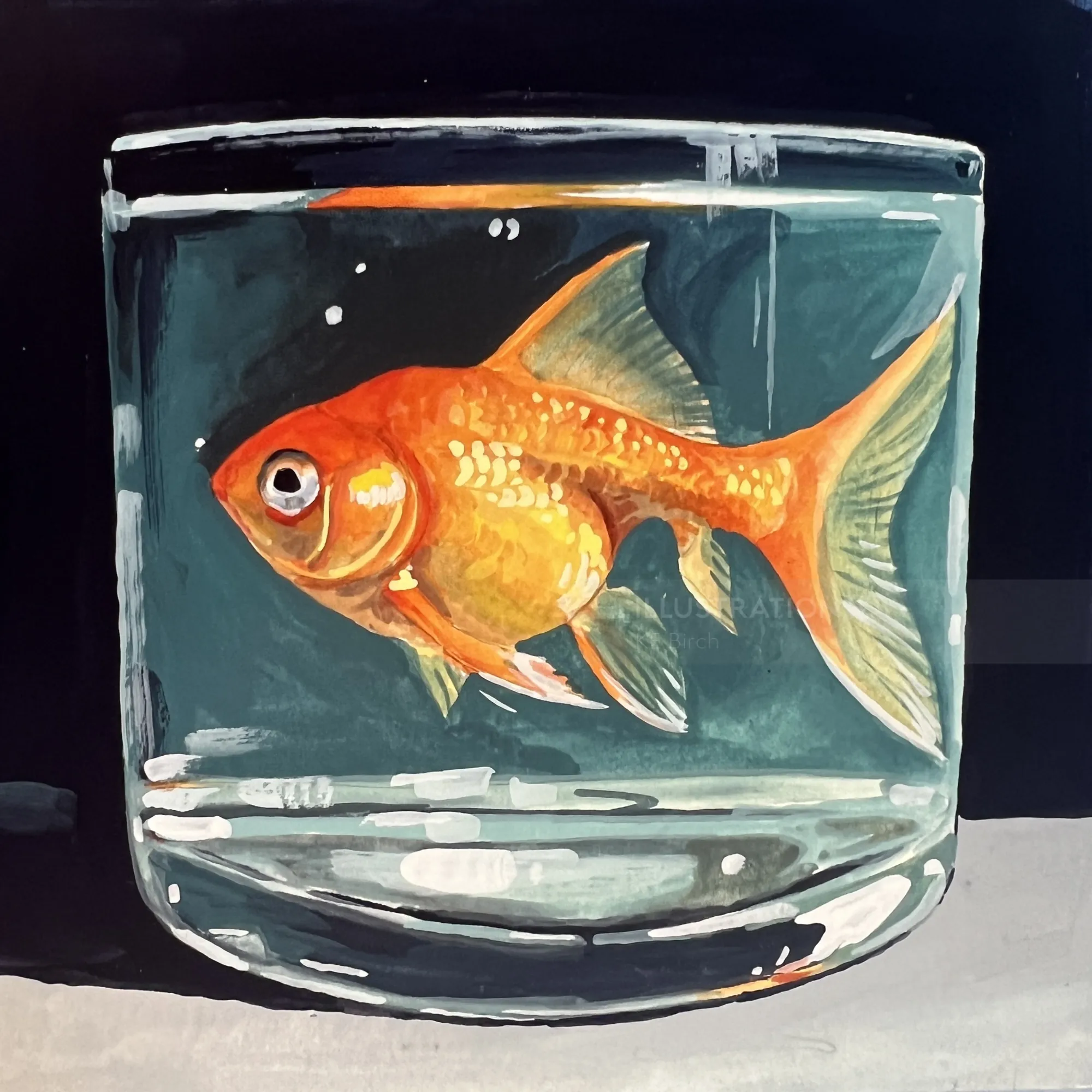 Orange goldfish in a transparent glass bowl filled with water