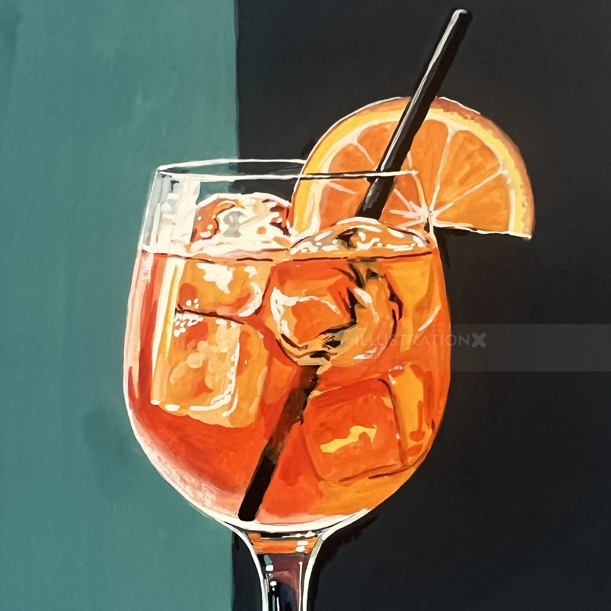 Iced orange cocktail in a wine glass with a straw and orange slice