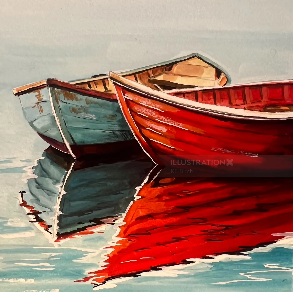 Two wooden boats with red and blue paint floating on water