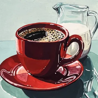 Red coffee cup with black coffee and glass milk pitcher on blue surface