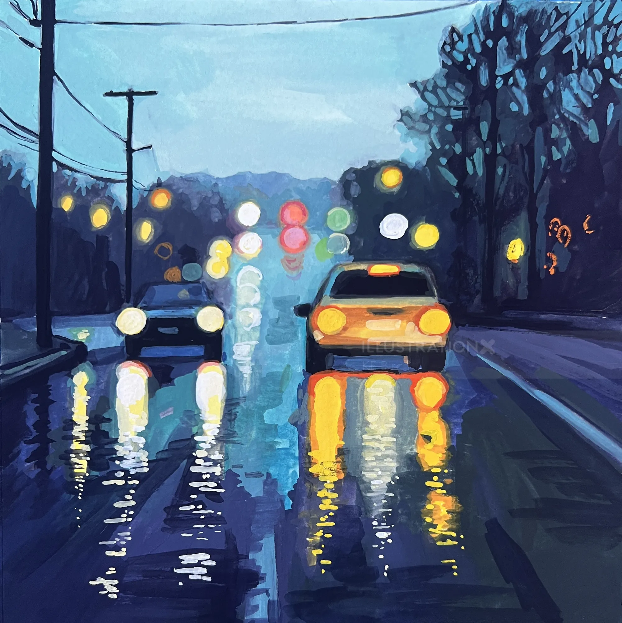 Wet road with cars and colorful light reflections at night