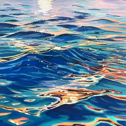 Colorful painting of ocean waves reflecting sunlight.