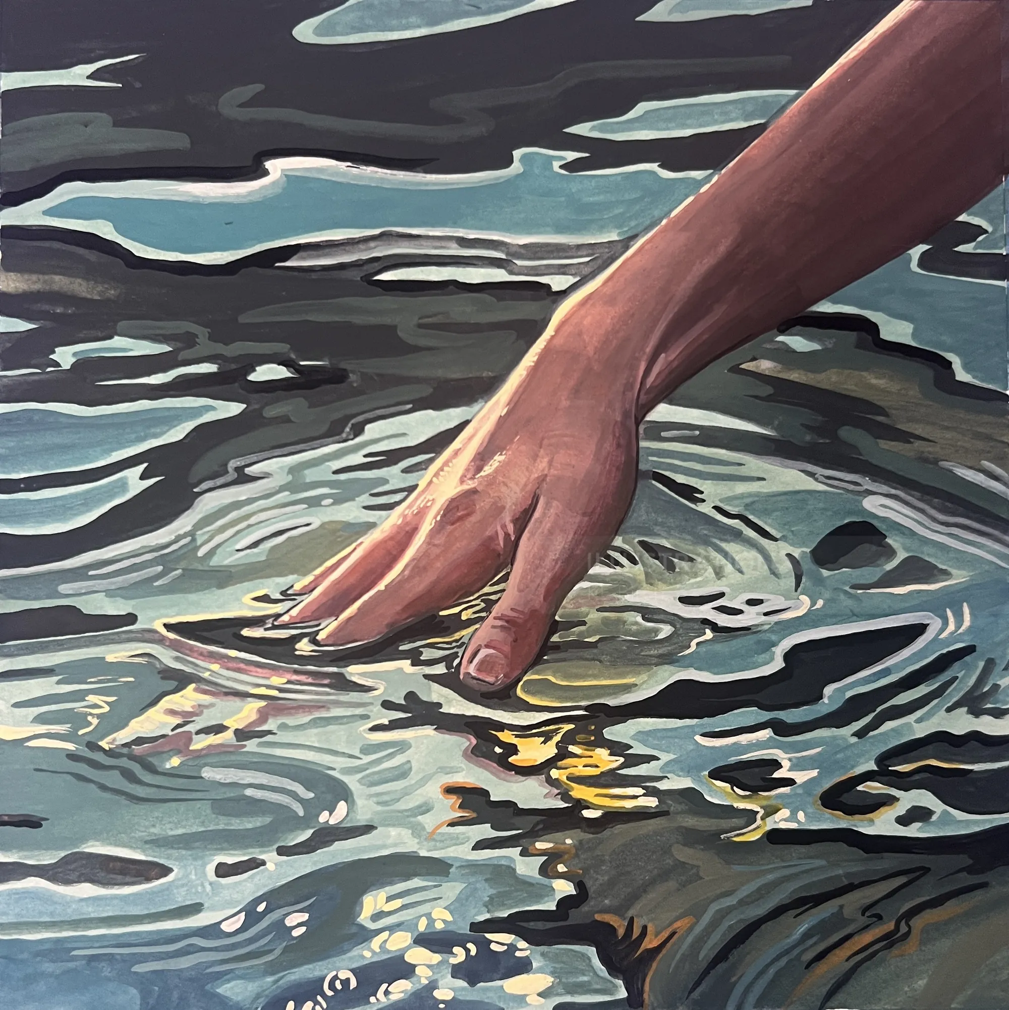 Hand touching water with ripples and light reflections