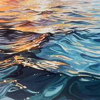 Painting of water waves with orange and blue reflections