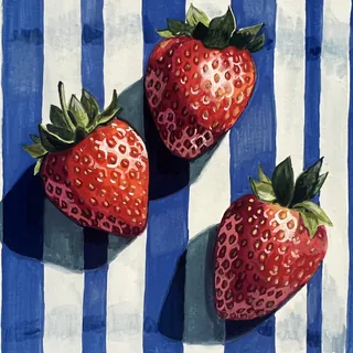 Three ripe red strawberries on blue and white stripes with shadows