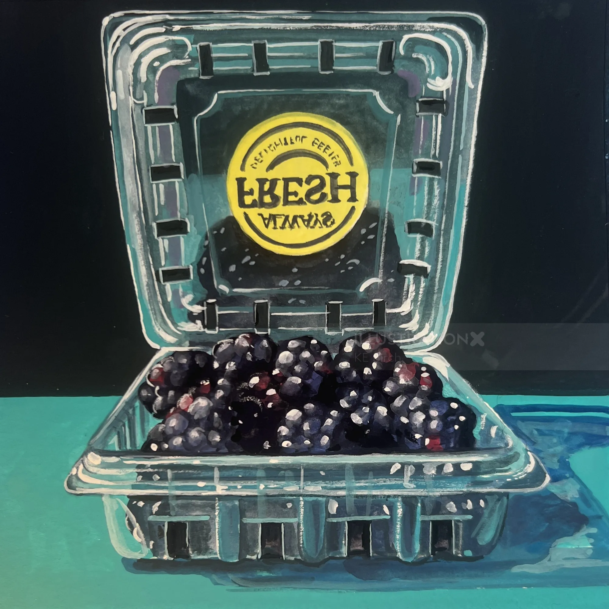 Plastic container filled with fresh blackberries on teal background