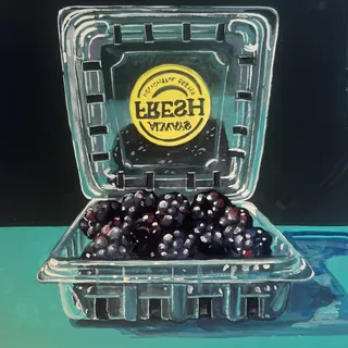 Plastic container filled with fresh blackberries on teal background