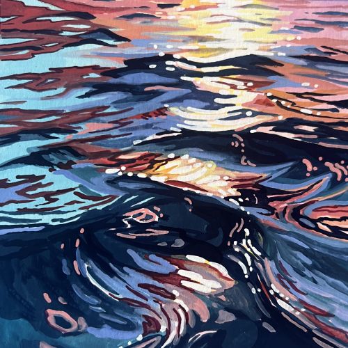 Colorful abstract painting of ocean waves with sunset reflections