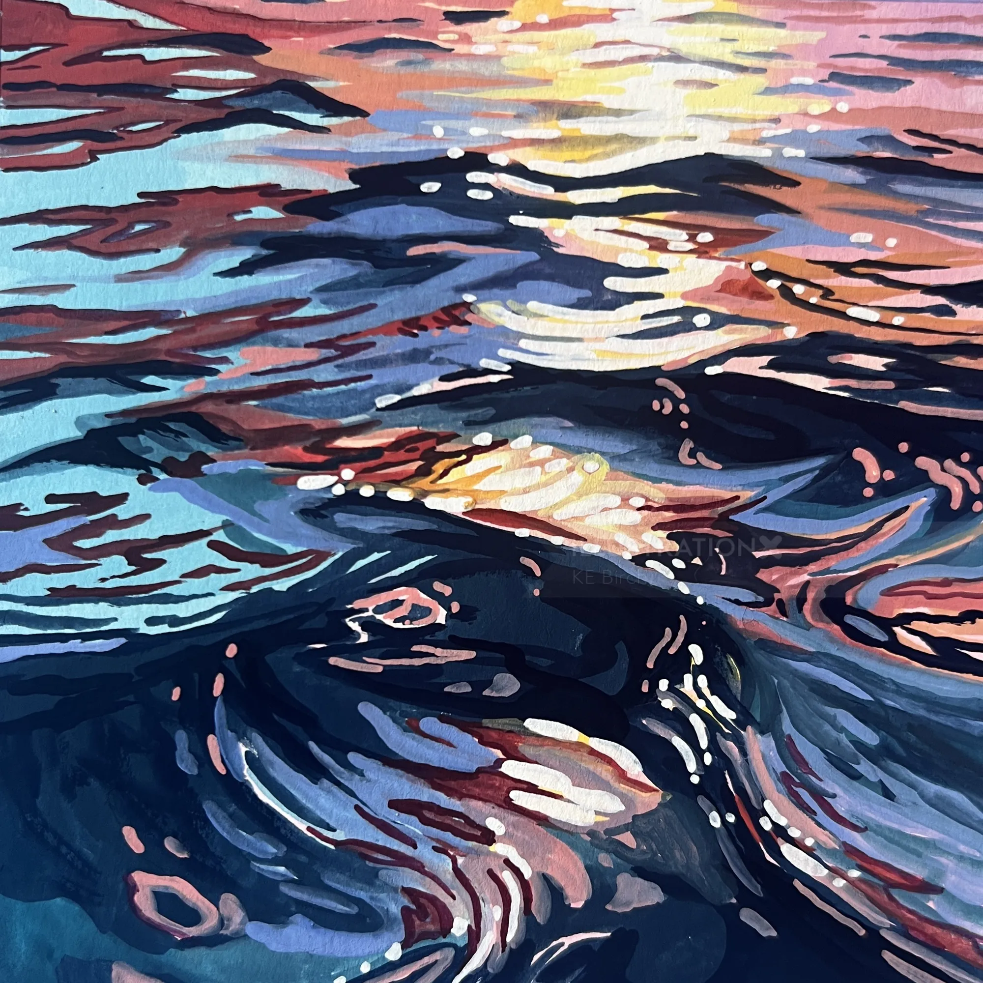 Colorful abstract painting of ocean waves with sunset reflections