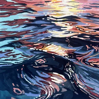 Colorful abstract painting of ocean waves with sunset reflections