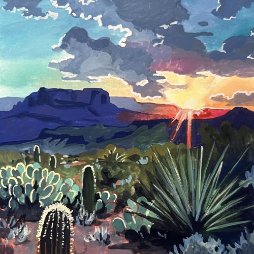Desert scene with cactus plants and sun setting behind purple mountains