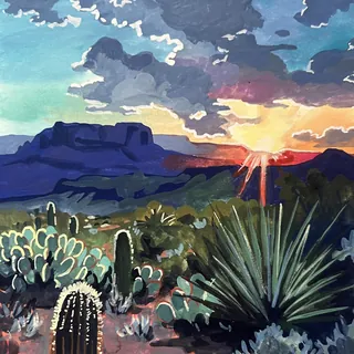 Desert scene with cactus plants and sun setting behind purple mountains