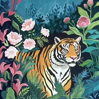 Tiger standing among dense green foliage and pink flowers