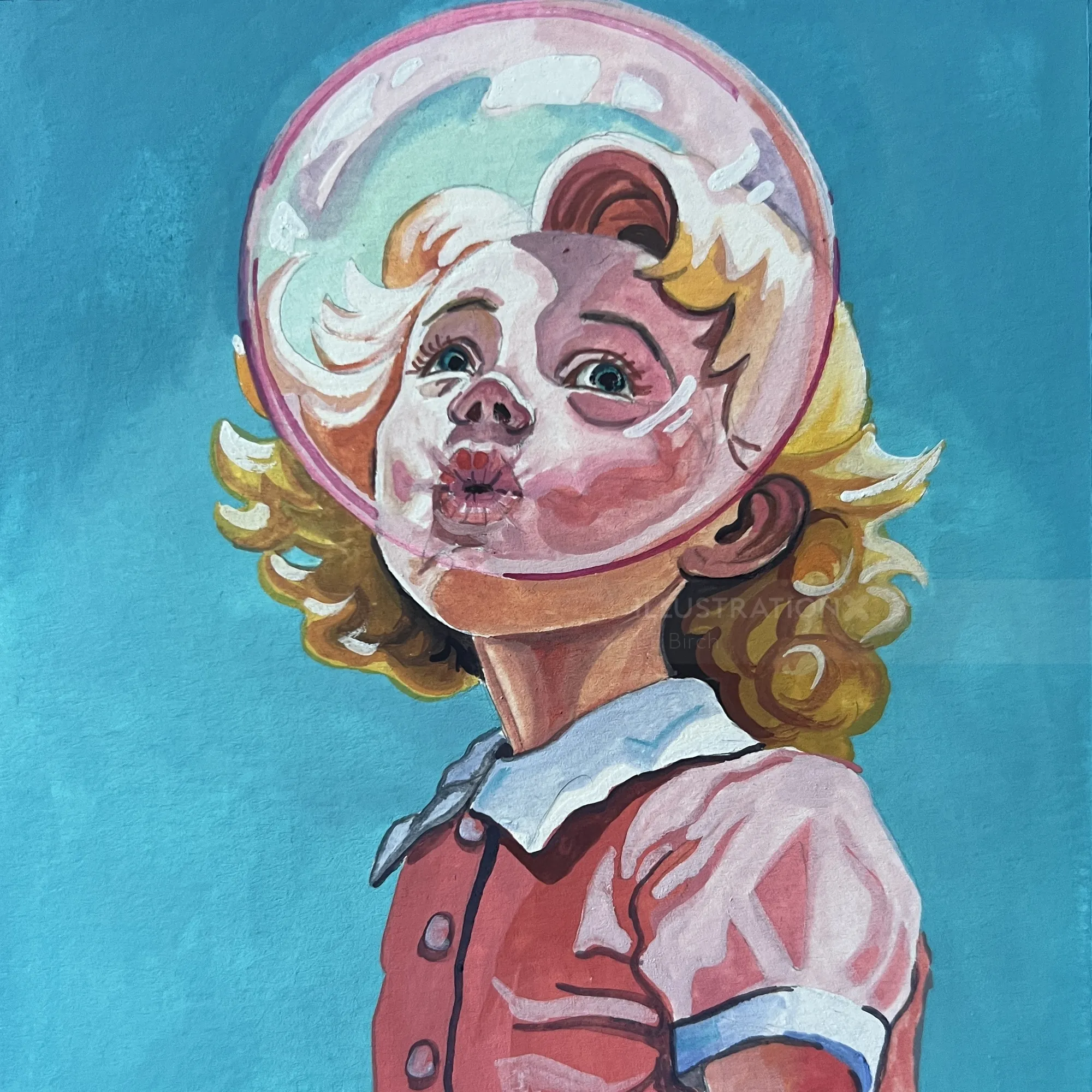 Girl blowing a bubble with bubblegum wearing a red dress and white collar