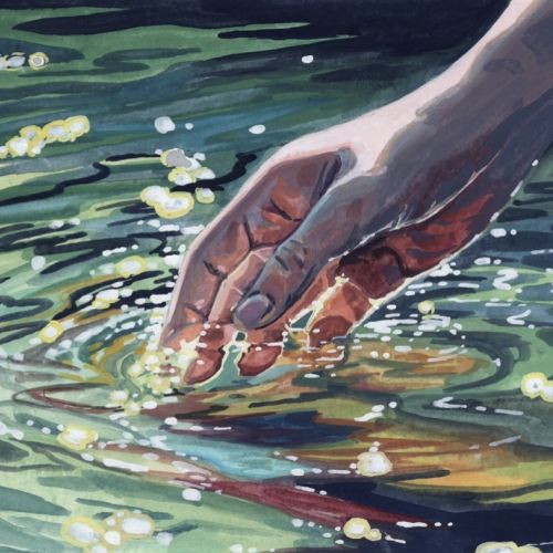 Hand touching water surface reflecting light by KE Birch