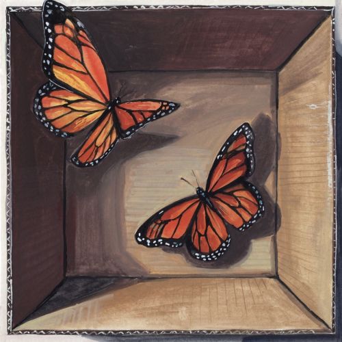 Two orange monarch butterflies resting inside a wooden box, artwork by KE Birch