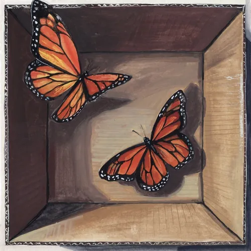 Two orange monarch butterflies resting inside a wooden box, artwork by KE Birch