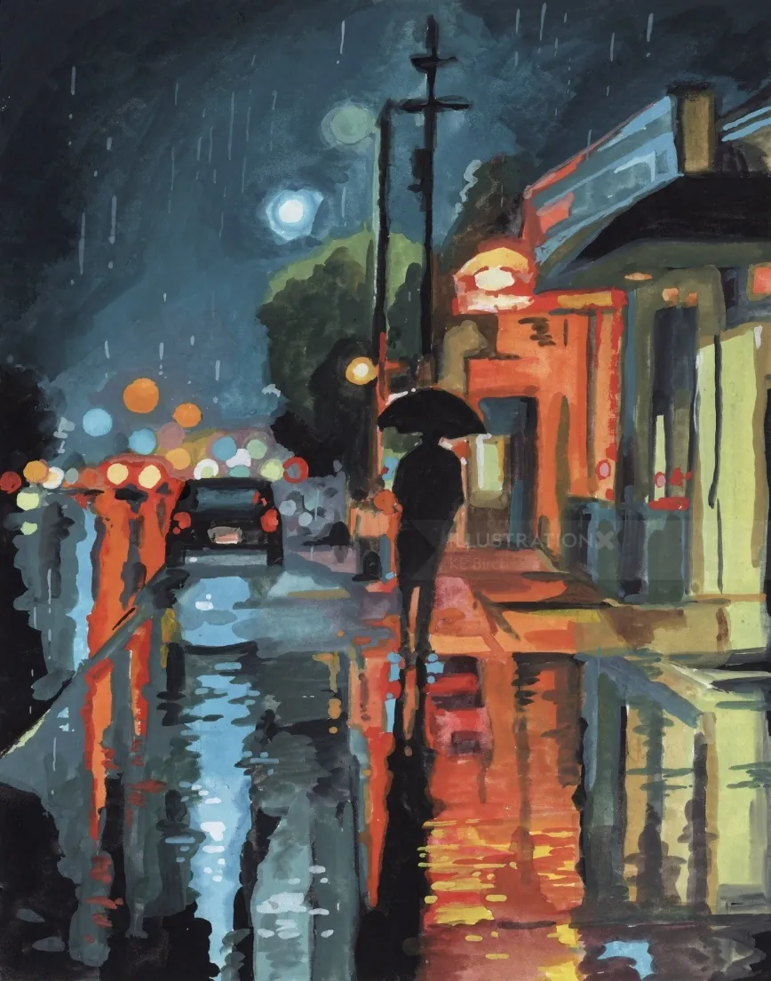 Rainy night street illuminated by neon lights, person walking with umbrella by KE Birch