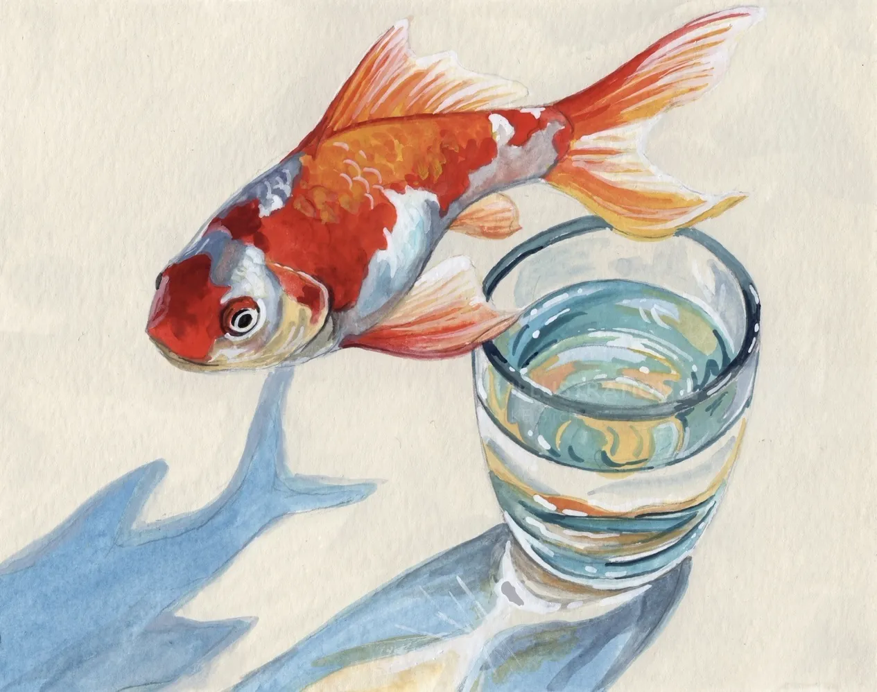 Watercolor painting of goldfish by KE Birch, near glass of water with shadows