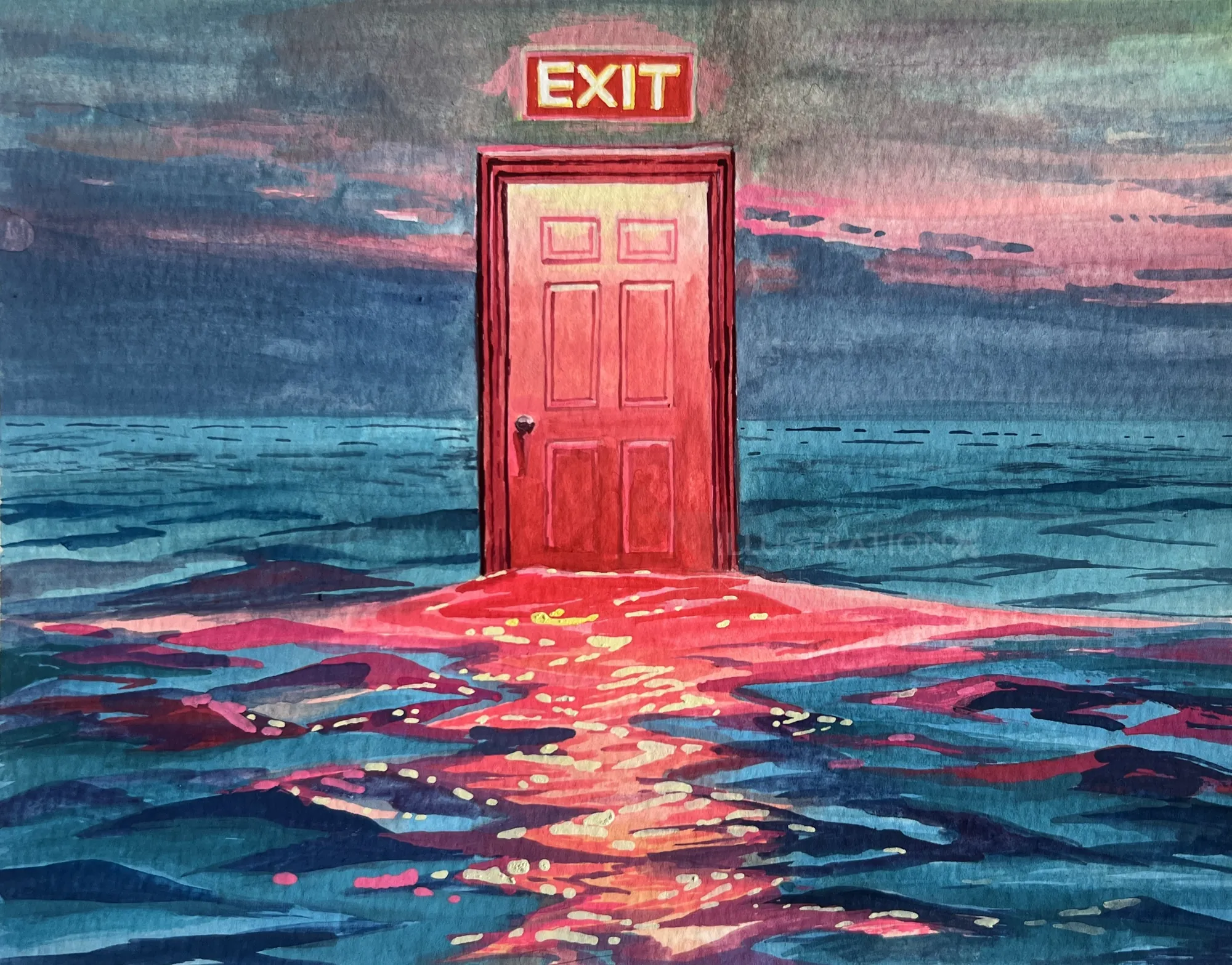 Porte surréaliste avec panneau de sortie flottant sur l'eau au crépuscule par KE Birch