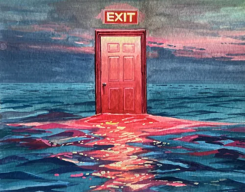 Surreal door with exit sign floating on water at dusk by KE Birch