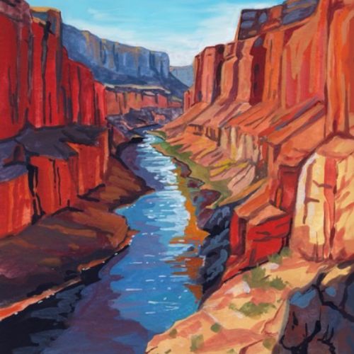 Colorful canyon landscape with river flowing through red rock cliffs by KE Birch