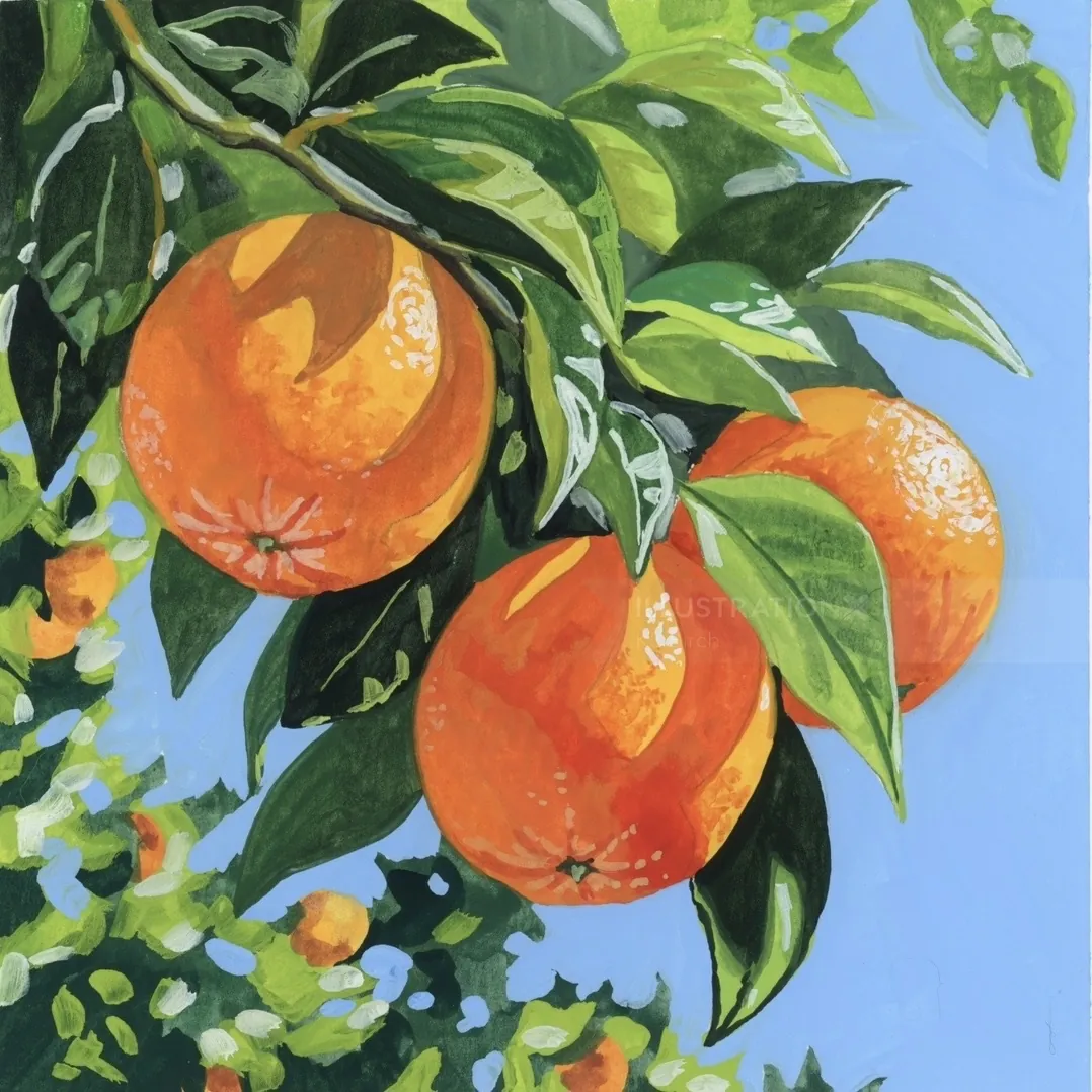 KE Birch 오렌지, 초록 잎, 파란 꽃 그림