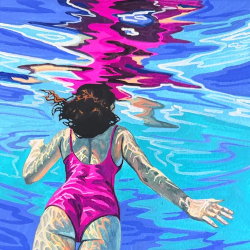 KE Birch 艺术作品，描绘了一位身穿粉色泳衣、身上有纹身的游泳者漂浮在蓝色的水中。