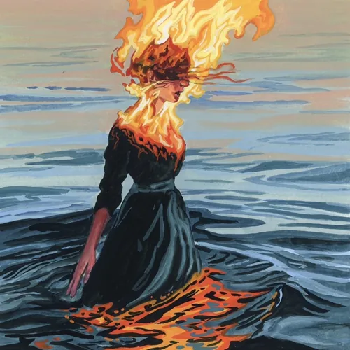KE Birch 艺术作品，描绘了一个燃烧的人影站在黑暗的海水中