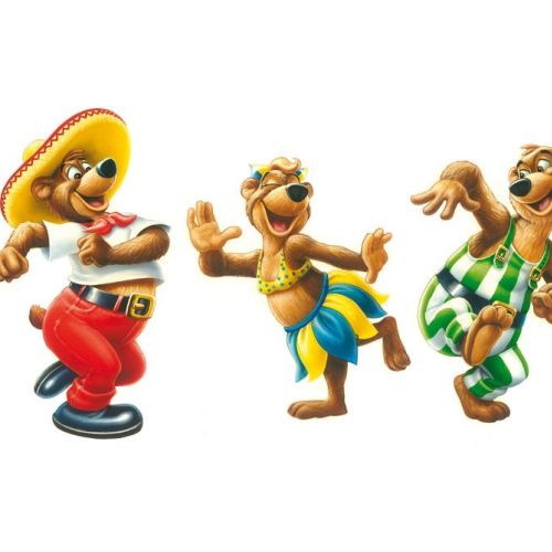 Three dancing cartoon bears in colorful outfits by Kai Klimiont