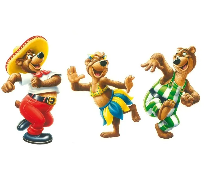 Three dancing cartoon bears in colorful outfits by Kai Klimiont