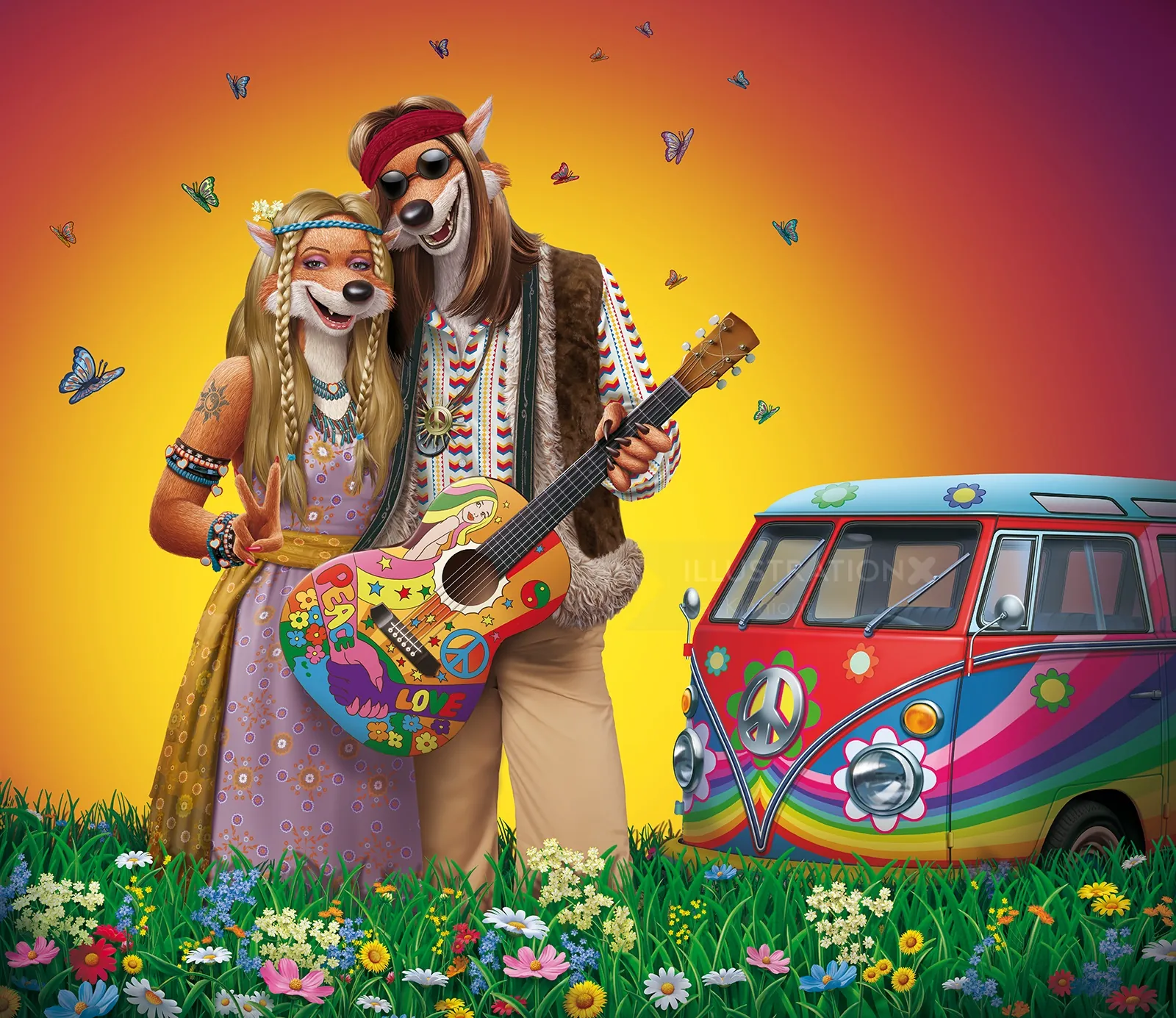 Anthropomorphic fox couple with guitar and psychedelic van by Kai Klimiont
