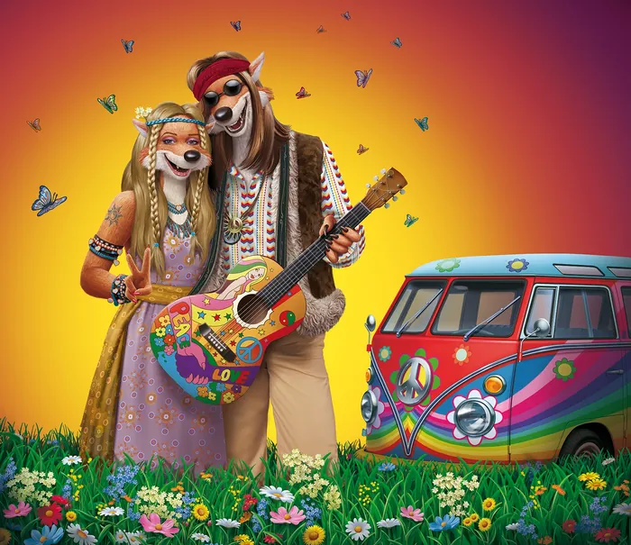 Anthropomorphic fox couple with guitar and psychedelic van by Kai Klimiont