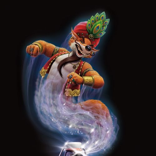 Fox wearing tribal costume dances with magical smoke from bottle by Kai Klimiont