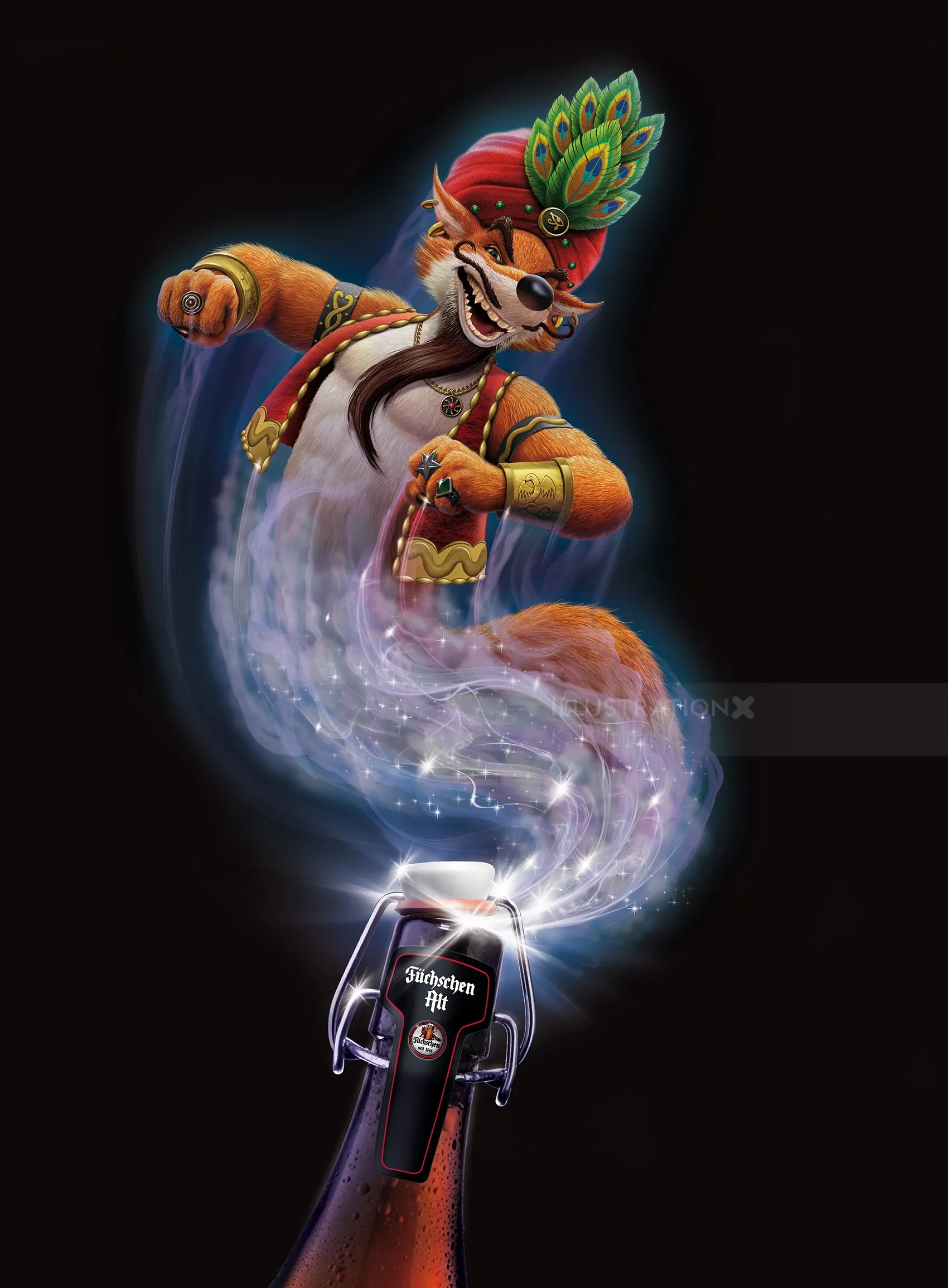 Fox wearing tribal costume dances with magical smoke from bottle by Kai Klimiont