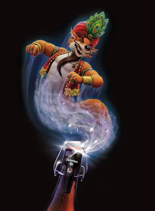 Fox wearing tribal costume dances with magical smoke from bottle by Kai Klimiont