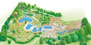Aerial illustration of a resort with pools, gardens, and buildings by Kai Klimiont