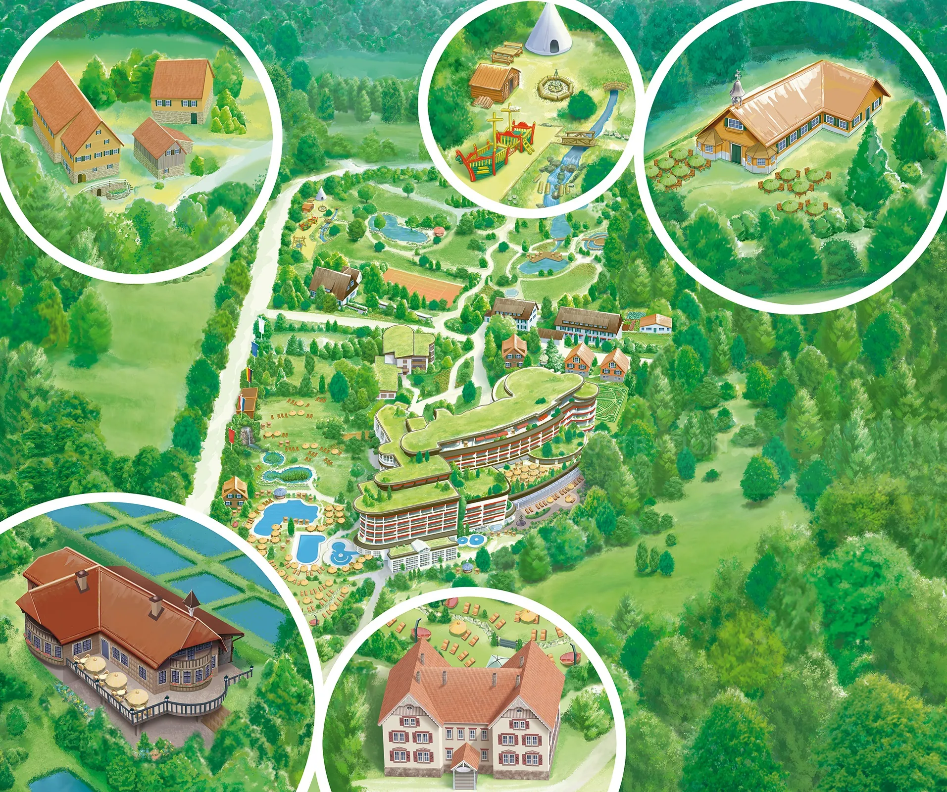 Detailed map of resort complex with multiple buildings and landscape by Kai Klimiont
