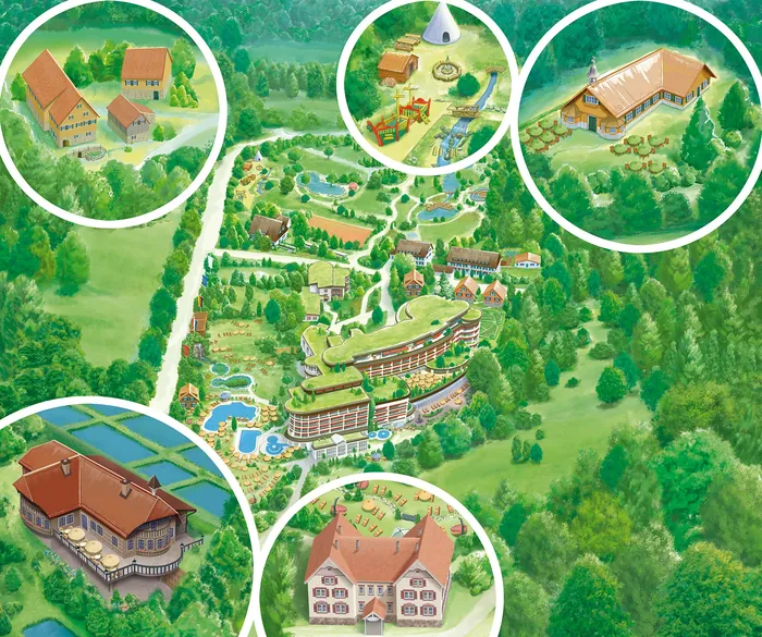Detailed map of resort complex with multiple buildings and landscape by Kai Klimiont