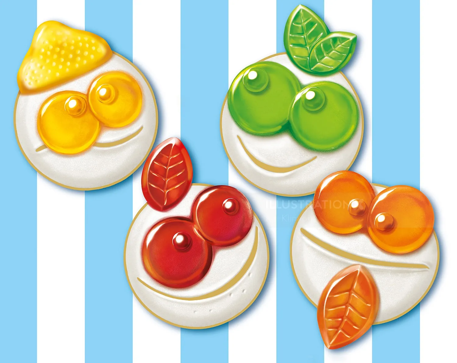 Smiling fruit-shaped candies in yellow, green, red, and orange by Kai Klimiont