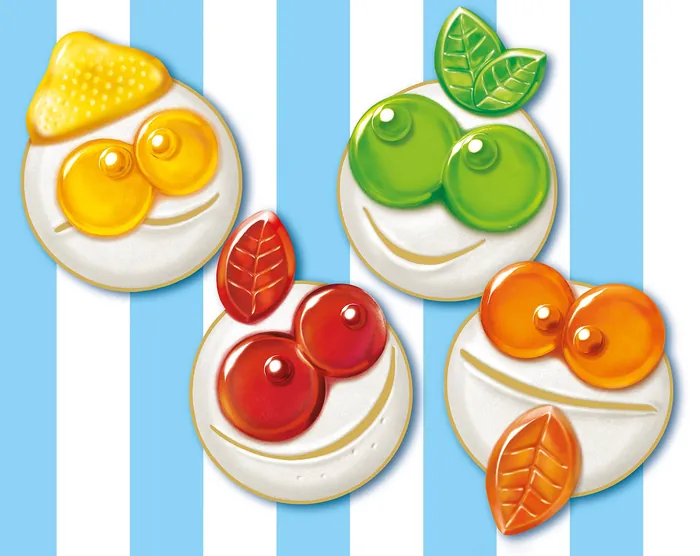 Smiling fruit-shaped candies in yellow, green, red, and orange by Kai Klimiont