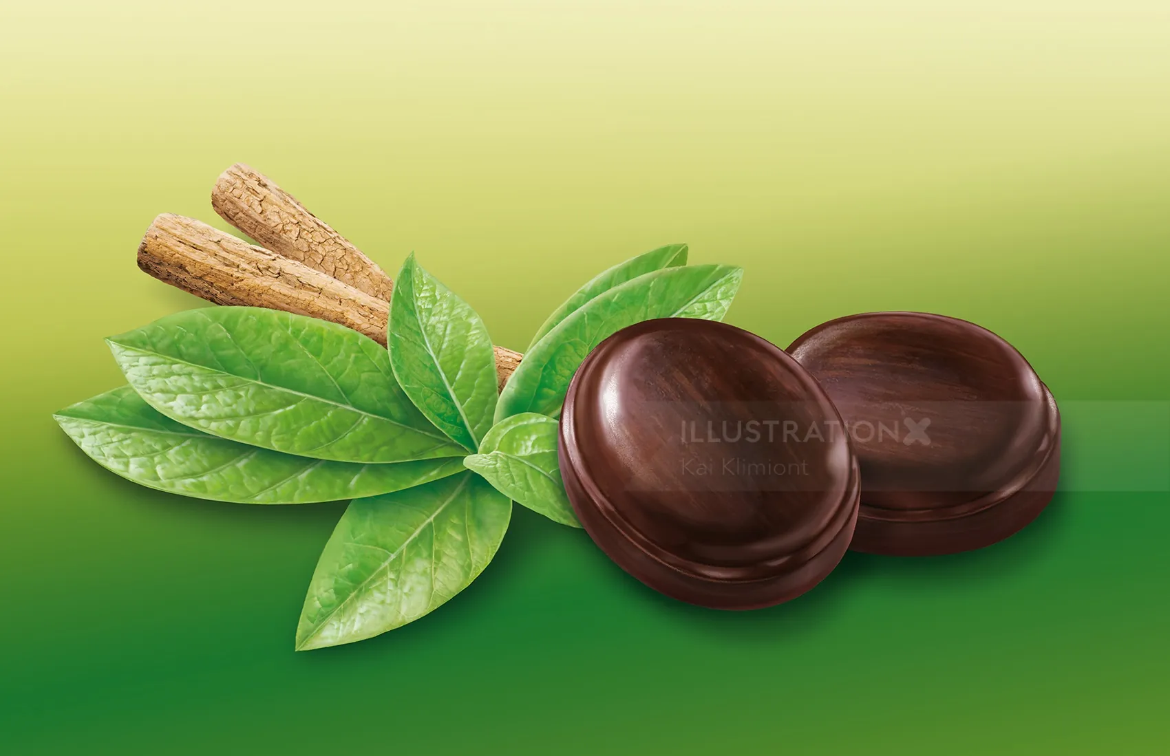 Carob pods with green leaves on gradient background by Kai Klimiont